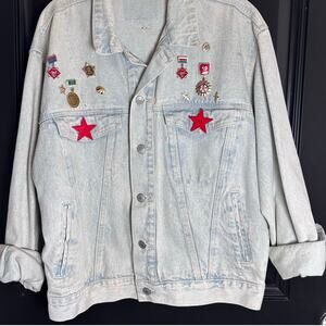 Wearable Art Denim Jacket Americana Liberty Military Men's XL One-of-a-Kind